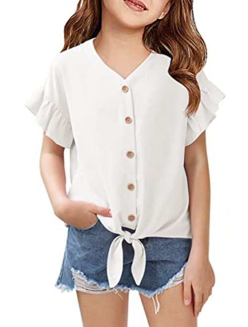 Fashare Girls Ruffle Short Sleeve Shirts V Neck Tie Front Knot Tops Button Cute Tunic Shirts Blouse