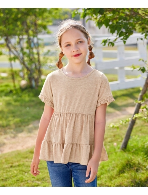 Hopeac Girls Summer Shirts Short Sleeve Ruffle Peplum Tops Hem Plain Crew Neck Pleated Tunic Tiered Blouse Tee T-Shirt