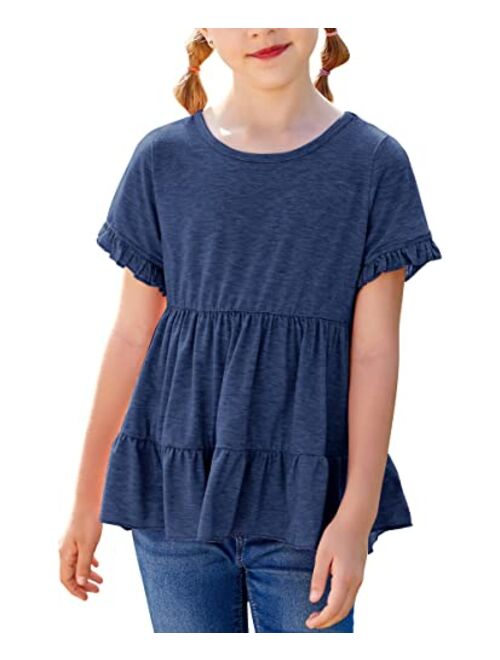 Hopeac Girls Summer Shirts Short Sleeve Ruffle Peplum Tops Hem Plain Crew Neck Pleated Tunic Tiered Blouse Tee T-Shirt