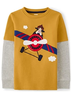 Boys and Toddler Embroidered Graphic Long Sleeve Layered T-Shirts