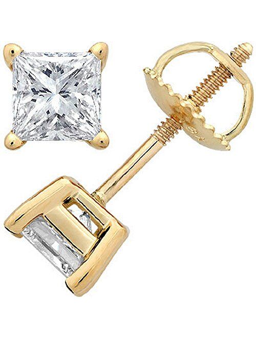 Houston Diamond District 1 Carat Solitaire Diamond Stud Earrings Princess Cut 4 Prong Screw Back (I-J Color, VS1-VS2 Clarity)