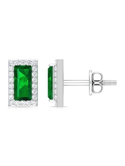 Rosec Jewels 1 CT Baguette Cut Lab Created Emerald Anniversary Stud Earrings with Diamond Halo (Heirloom Quality), 14K Solid Gold