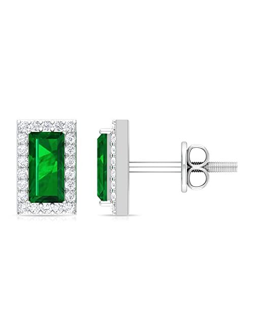 Rosec Jewels 1 CT Baguette Cut Lab Created Emerald Anniversary Stud Earrings with Diamond Halo (Heirloom Quality), 14K Solid Gold