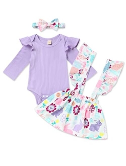 TUEMOS Easter Outfit Baby Girl Cute Romper Tops Bunny Suspender Skirt with Headband My First Easter Baby Girl Outfit