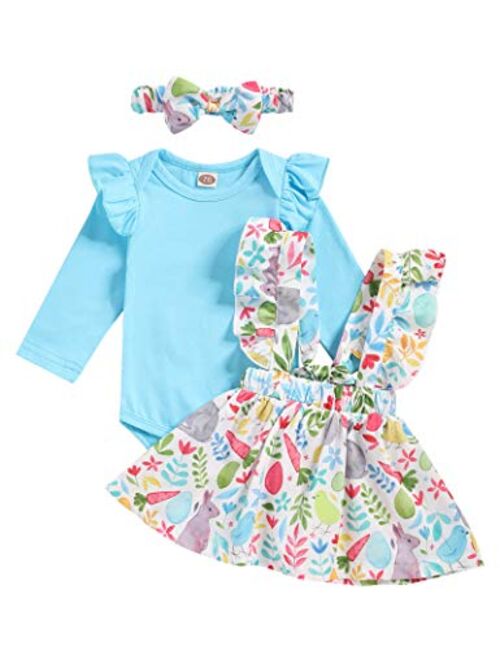 TUEMOS Easter Outfit Baby Girl Cute Romper Tops Bunny Suspender Skirt with Headband My First Easter Baby Girl Outfit