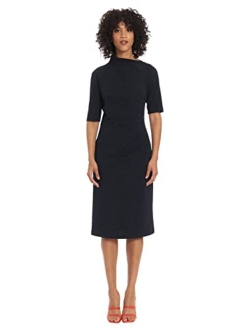 Women's Side Pleat Dress with Asymmetric Neck and Elbow Sleeves