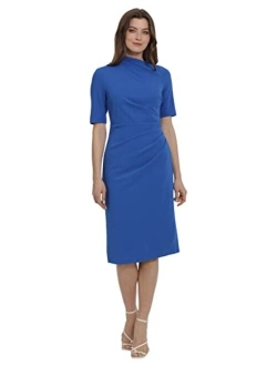 Women's Side Pleat Dress with Asymmetric Neck and Elbow Sleeves