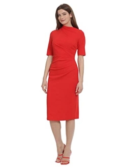 Women's Side Pleat Dress with Asymmetric Neck and Elbow Sleeves