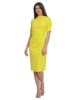 Women's Side Pleat Dress with Asymmetric Neck and Elbow Sleeves