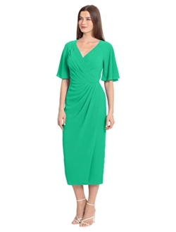 Women's Short Flutter Sleeve Faux Wrap Midi Dress