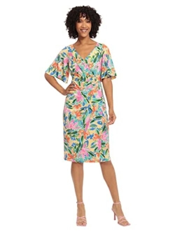 Women's Short Flutter Sleeve Faux Wrap Midi Dress