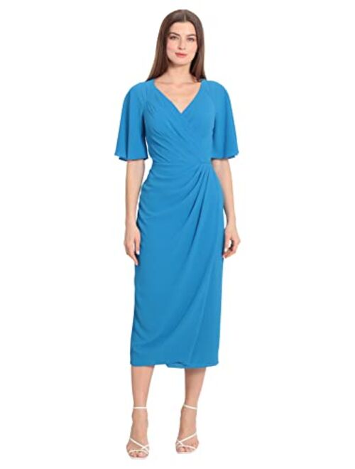 Maggy London Women's Short Flutter Sleeve Faux Wrap Midi Dress