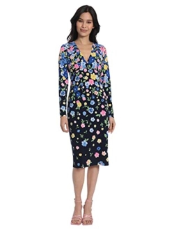 Women's Floral Printed V-Neck Surplus Bodice Empire Waist Sheath Dress