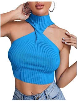 Women's Mock Neck Twsit Front Crop Tank Top Sleeveless Rib Knit Solid Halter Tops Vest