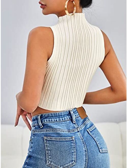 SheIn Women's Mock Neck Twsit Front Crop Tank Top Sleeveless Rib Knit Solid Halter Tops Vest