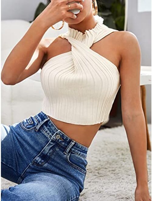 SheIn Women's Mock Neck Twsit Front Crop Tank Top Sleeveless Rib Knit Solid Halter Tops Vest