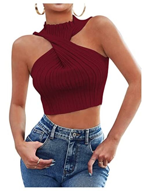 SheIn Women's Mock Neck Twsit Front Crop Tank Top Sleeveless Rib Knit Solid Halter Tops Vest