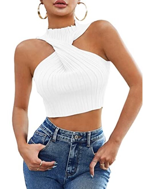 SheIn Women's Mock Neck Twsit Front Crop Tank Top Sleeveless Rib Knit Solid Halter Tops Vest