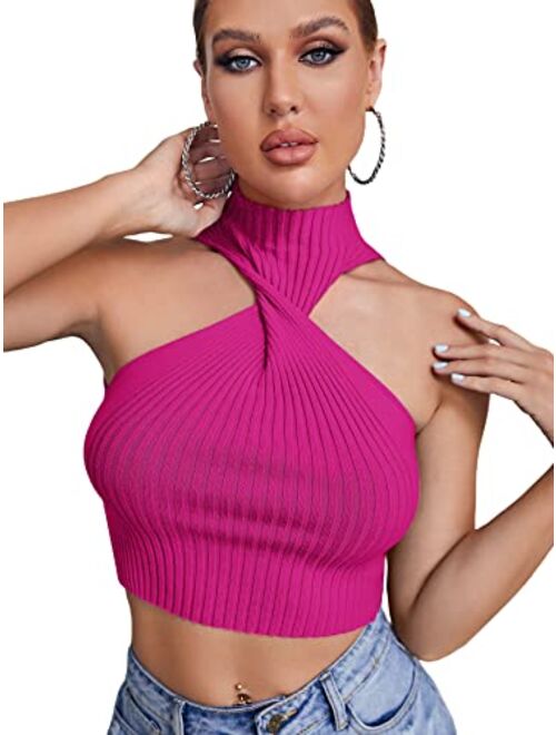 SheIn Women's Mock Neck Twsit Front Crop Tank Top Sleeveless Rib Knit Solid Halter Tops Vest