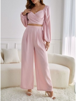 SHEIN Mulvari Lantern Sleeve Shirred Back Crop Top & Pants Set