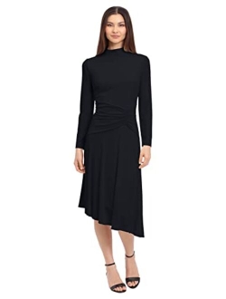 Women's Long Sleeve Mock Neck Midi Dress with Asymmetrical Hem