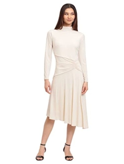 Women's Long Sleeve Mock Neck Midi Dress with Asymmetrical Hem