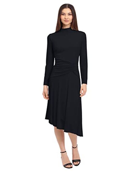 Maggy London Women's Long Sleeve Mock Neck Midi Dress with Asymmetrical Hem