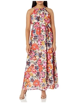 Women's Floral Printed Halter Maxi with Waist Tie