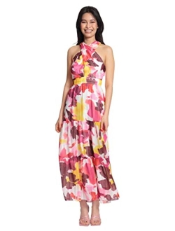 Women's Sleeveless Criss Cross Halter Neck Tiered Maxi Dress