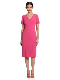 Women's Scallop Trim V-Neck and Short Sleeves Dress Desk to Dinner Office Workwear Event Occasion Guest of