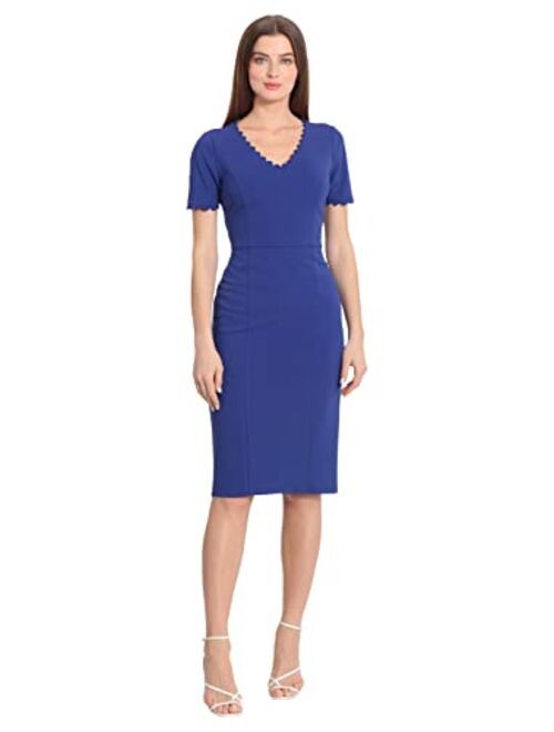 Maggy London Women's Scallop Trim V-Neck and Short Sleeves Dress Desk to Dinner Office Workwear Event Occasion Guest of