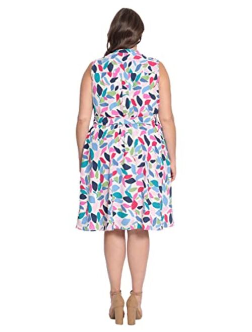 Maggy London Women's Leaf Printed Sleeveless Shirt Dress with Pleated Bodice and Waist Tie