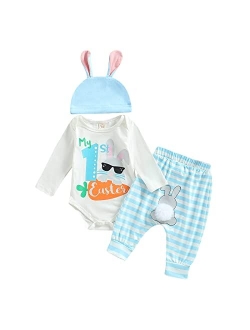 Zimbro Baby Boy Girl Easter Outfit My 1st/First Easter Romper Bunny Onesie Jumpsuit Top Pompom Tail Pants Set with Hat