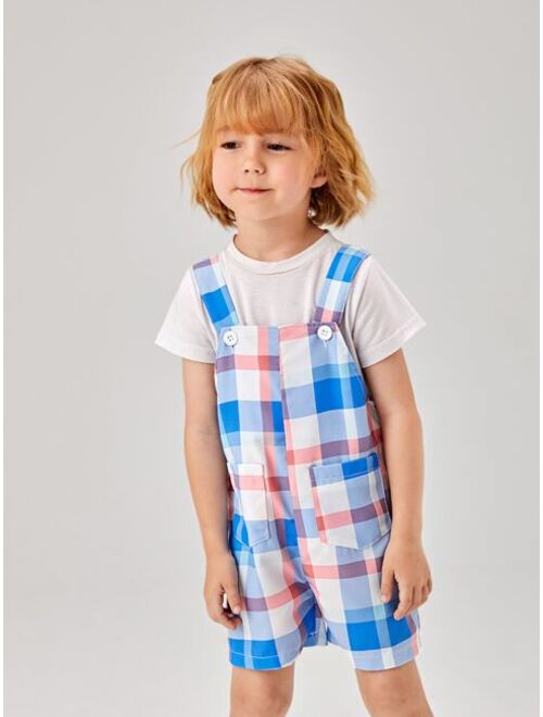 SHEIN Toddler Boys Plaid Print Dual Pocket Overall Romper Without Tee