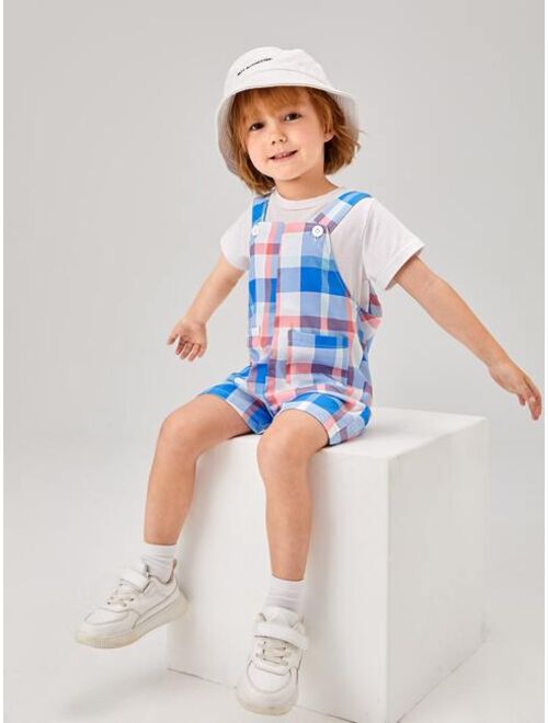 SHEIN Toddler Boys Plaid Print Dual Pocket Overall Romper Without Tee