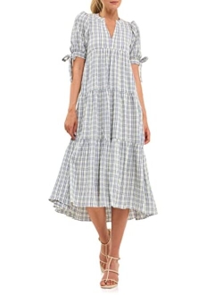 Women's Gingham Tiered Dress with Bow-Tie Sleeves