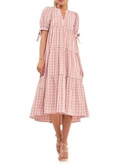 Women's Gingham Tiered Dress with Bow-Tie Sleeves