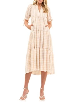 Women's Gingham Tiered Dress with Bow-Tie Sleeves