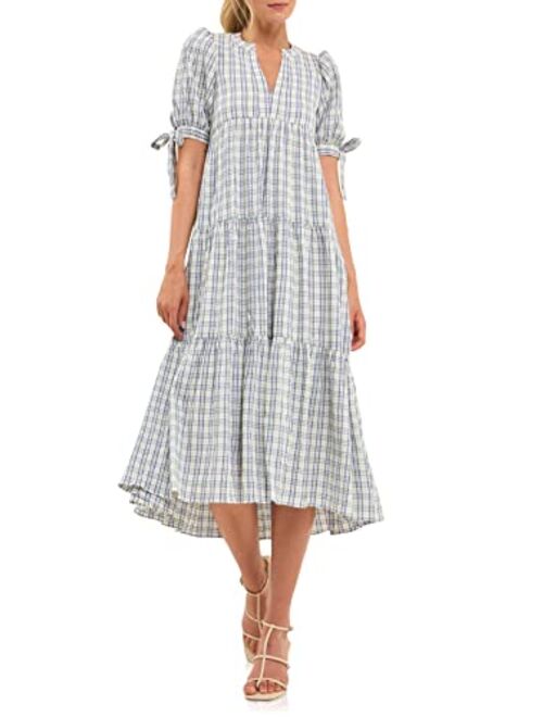 English Factory Women's Gingham Tiered Dress with Bow-Tie Sleeves