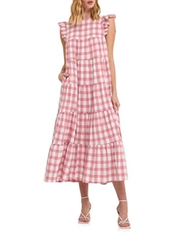 Women's Textured Gingham Maxi Tiered Baby Doll Dress