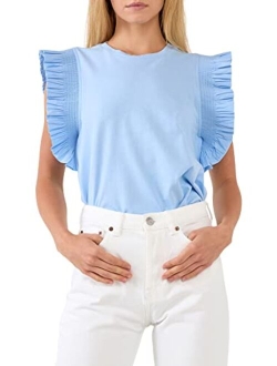 Women's Poplin Knit Mixed Ruffle Detail Top