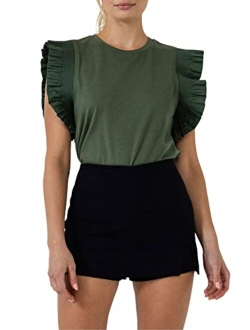 Women's Poplin Knit Mixed Ruffle Detail Top