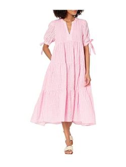 Gingham Tiered Midi Dress with Bow Tie Sleeves