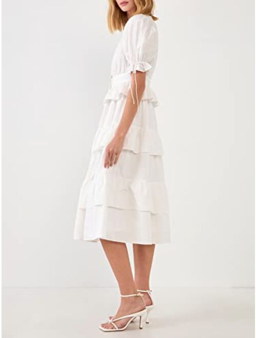 English Factory Women's Poplin Button Down Tiered Midi Puff Dress