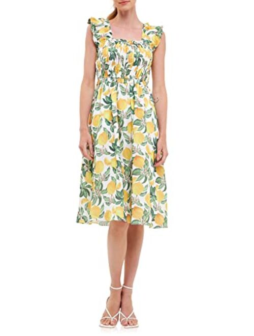 English Factory Women's Lemon Print Smocked Bodice Midi Dress