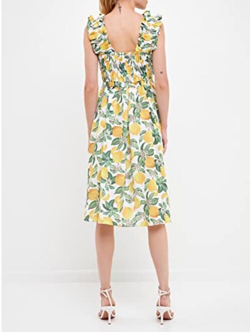 English Factory Women's Lemon Print Smocked Bodice Midi Dress