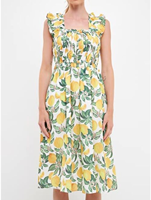 English Factory Women's Lemon Print Smocked Bodice Midi Dress