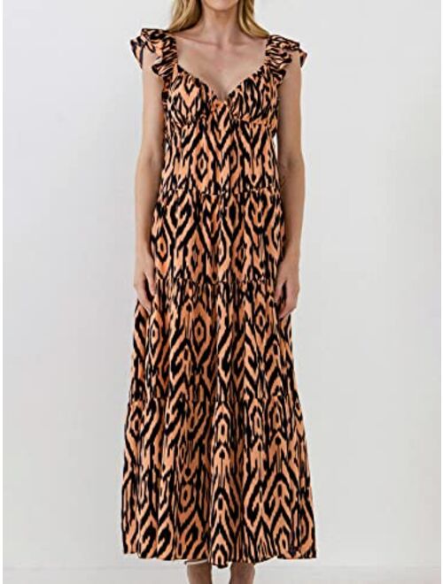 English Factory Women's Tiger Print Ruffle Sleeve Maxi Dress