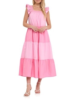 Women's Ruffle Detail Colorblock Midi Dress