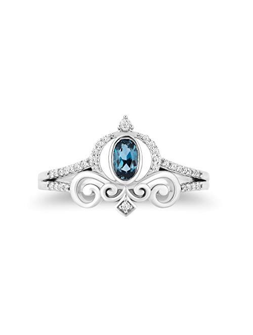 Jewelili Enchanted Disney Fine Jewelry Sterling Silver with 1/10cttw Diamonds and London Blue Topaz Cinderella Carriage Ring